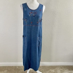 Erika Small Denim Long Midi Dress Modest Sleeveless Floral Embroidery Cotton Vtg - Picture 1 of 13