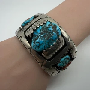 VTG WJ Musket Navajo Sterling Turquoise Coral Watch Cuff Bracelet 84.6g #bfq - Picture 1 of 15
