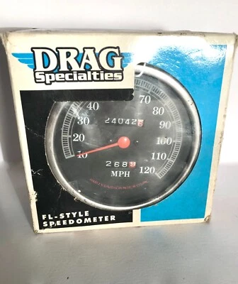 Vintage Drag Specialties Speedometer Black Face FL Harley Davidson W/ Box - Image 1 of 4