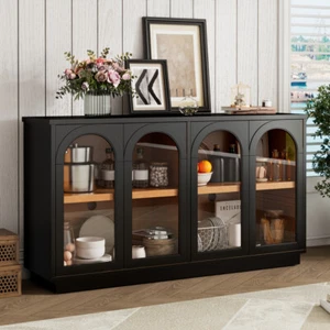 4-Door Large Storage Buffet Cabinet with Glass Doors Arched Cabinet with Shelves - Picture 1 of 59