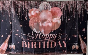 Happy Birthday Party Banner Decorations 70 x 43 in Black Silver Rose Gold New - Picture 1 of 3