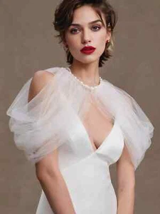 Bridal Bolero Wedding Dress Shoulder Jacket Tops Pearl Neck Puff Sleeve Covers - Picture 1 of 11