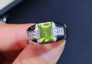 Natural Emerald Cut Green Peridot Sterling Silver 925 Handmade Mens Elegant Ring - Picture 1 of 6