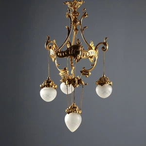 Lampadario Antico Bronzo Dorato Vetro 4 Luci Italia XX Secolo Originale - Foto 1 di 8