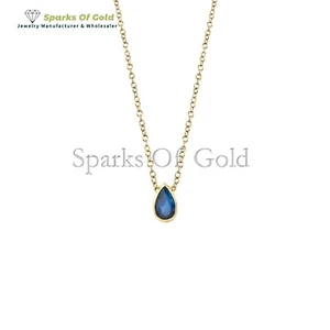 Pear Shape Blue Sapphire Necklace Solid Yellow Gold 14K Jewelry Anniversary Gift - Picture 1 of 3