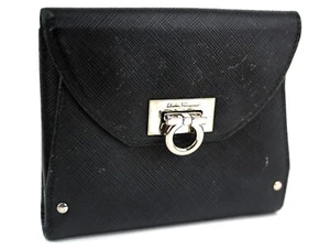 Salvatore Ferragamo Gancini Saffiano BiFold Wallet Black Leather Purse Italy - Picture 1 of 23