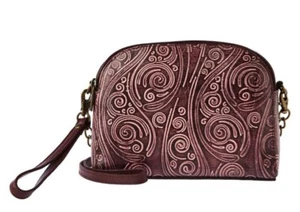 Anuschka Tooled Leather Twin-Top Crossbody Bag W/Wristlet Strap-Waves Wine-Neu mit Etikett - Bild 1 von 7