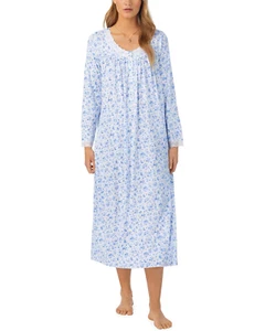 Nwt $70 Eileen West Blue ROSES Sweater Knit LACE TRIM Long Ballet Nightgown Sz M - Picture 1 of 5