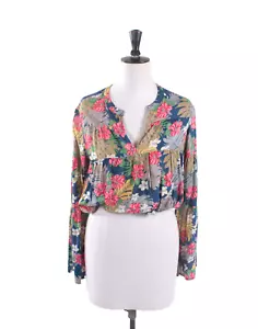 Vintage Upcycled Blue Floral Long Sleeve Crop Blouse Size S M - Picture 1 of 5