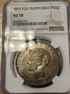 1895 Puerto Rico 1 Peso NGC AU58 - Picture 1 of 7