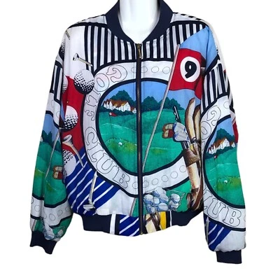 Vintage 90s Golf Jacket Womens Large Colorful Graphic Flag Fairway Clubs Zip Up - Image 1 of 4
