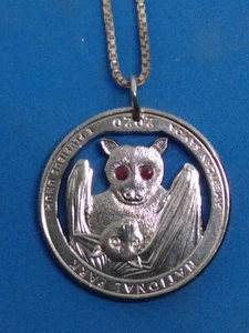 CUTE CORONA BAT COIN  NECKLACE WITH REAL RUBIES (2020 American Samoan quarter. )