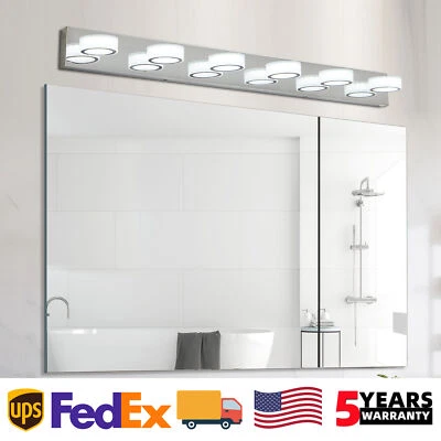 Lámpara de pared con espejo de baño LED cromado redondo giratorio de 6 luces de tocador de 45"" Foto 1 de 4