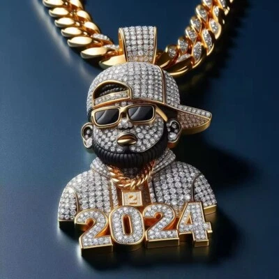 3" Singer Enamel Men's Pendant D/FL Brilliant Moissanite 14K Yellow Gold Over — 第 1/4 张图片