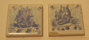 Pair DELFT 1.5" Square Art Tiles with TALL SHIPS 1 EXCELLENT other Chipped!! - Picture 1 of 4