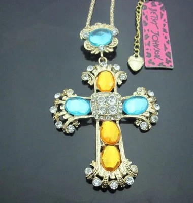 Betsey Johnson Collar Mosaico Oro Cruz Azul Amarillo Piedras Caja Regalo Bolsa Foto 1 de 4