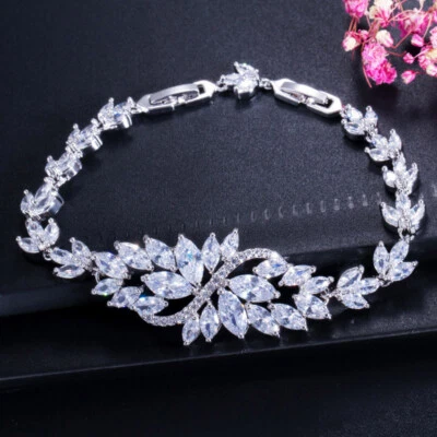 Pulseras plateadas de circonita cúbica con rama de hoja azul para mujer boda fiesta  Foto 1 de 4