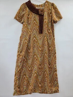 Vestido Patio Vintage Muumuu Talla S Marrón Midi Colorido Estampado Remolino Manga Corta Foto 1 de 4