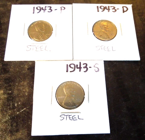 1943 P D S Lincoln Steel Wheat Cent Pennies Set of 3 Coins in flip holders Cover