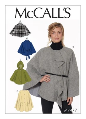McCall 7477 Sz 16-26 Cape Poncho Jacket Coat Sweater Hood Belt Warm Rain Pattern - Image 1 of 4