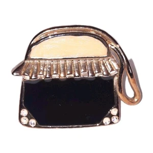 Vintage Mini Hand Bag Purse Gold Tone Black/Tan Enamel Rhinestone Brooch Pin - Picture 1 of 4