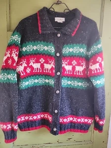 Maglione LL Bean donna M Fair Isle cardigan bottoni Natale cervo rosso verde grigio - Foto 1 di 13