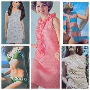 1960s Empire Ruffle Dress Daisy Bikini Scallop Milford 3003 Crochet Pattern - Foto 1 di 7