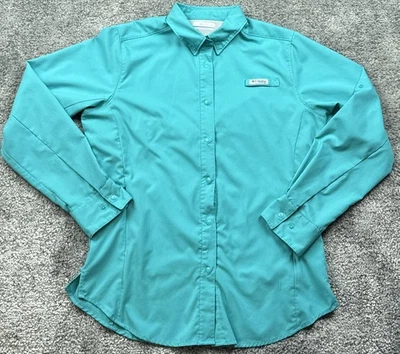 Camisa Columbia PFG feminina média azul-petróleo manga longa botão ventilado frente pesca - Imagem 1 de 4