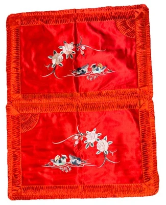 Vintage Chinese Embroidered Birds And Flowers  Red Silk Pillow Shams Covers - Image 1 of 4