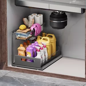 Under Sink Organizers Storage 2 Tier Slide Out Kitchen Cabinet Bathroom Storage - Picture 1 of 16