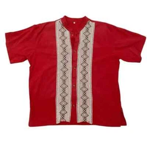Mexican Handmade Embroidered Short Sleeve Men's Shirt, Red, Aztec, Size Large - Picture 1 of 7