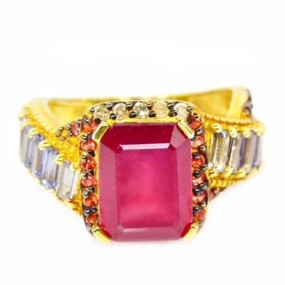 925 STERLING SILVER PIGEON BLOOD RED RUBY, SAPPHIRE, TANZANITE RING SIZE 7.25 - Image 1 of 4