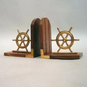 NAUTICAL MARINE Navigation Style SHIP WHEEL BOOKEND Wood and Brass WITH DEFECTS - Picture 1 of 1