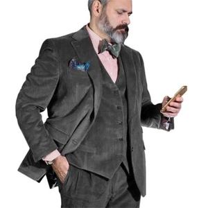 Men Gray Corduroy Suit Leisure Vintage Luxury Prom Groom Tuxedo Wedding 3 Piece - Picture 1 of 8