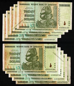 10 x 20 Billion Dollars Zimbabwe Banknotes AA AB 2008 Currency 100 % Authentic - Picture 1 of 4