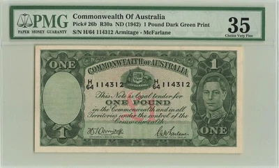 AUSTRALIA 1 Pound 1942, P-26b, Armitage / McFarlane, PMG 35 Choice VF Very Fine - Image 1 of 2