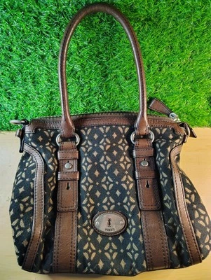 Fossil VTG  Maddox Textile Satchel Handbag Brown Key Signature Leather Straps - Image 1 of 4