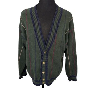 Vintage Structure Dark Green Striped Cardigan - Men's Size L - Picture 1 of 6