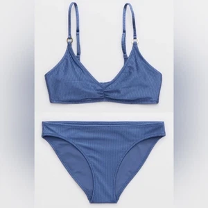 Neu mit Etikett Aerie FULL SET Beach Babe Glanz gerippter Voop + vollflächiges Unterteil marmoriert blau - Bild 1 von 5