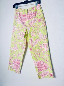 J McLaughlin Cropped Pants Size 6 Tropical Floral Pink Green Cotton EUC zip - Picture 1 of 9