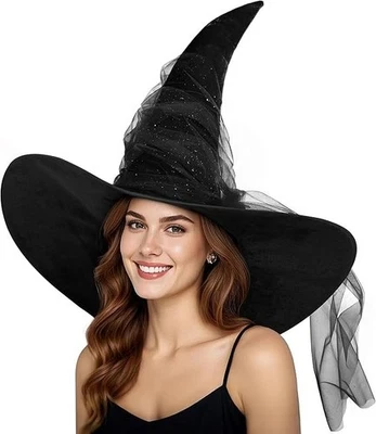 Chapéu de bruxa feminino preto mascarado franzido tamanho grande bruxas chapéus de veludo largos... - Imagem 1 de 4