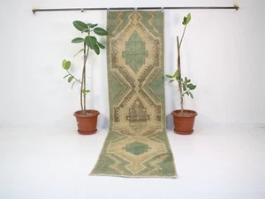 Vintage 2.8x10.4 ft Green Beige Oushak Runner Rug – Handmade Wool Turkish Hallwa - Picture 1 of 10