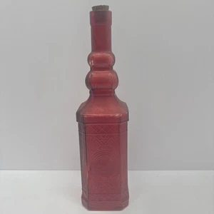 Vtg Red Glass Decorative Bottle 11 3/4” Raised Design W/ Cork Handcrafted - Picture 1 of 6