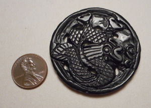 Vintage Chinese Carved Black Onyx Round Writhing Dragon Pendant Double Sided - B