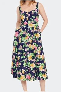 Old Navy Womens Navy Blue Floral Fit & Flare Linen Blend Midi Dress Size Medium - Picture 1 of 14