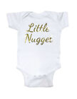 Little Nugget Gold Metallic Print Script Font - baby shower gift bodysuit