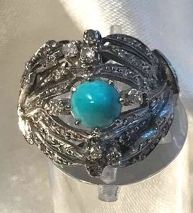 VINTAGE DIAMOND & PERSIAN TURQUOISE 18K WHITE GOLD RING Sz.7 - Picture 1 of 8
