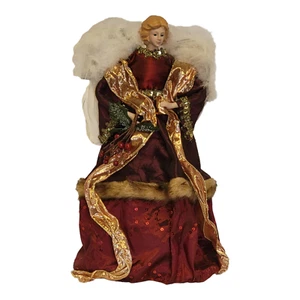 Vintage 17" Engel Christbaumspitze mit gefiederten Flügeln, burgunderfarbenes Kleid - Bild 1 von 3