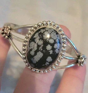 Navajo Sterling Silver Snowflake Obsidian Cuff Bracelet Native American 42 grams - Picture 1 of 22