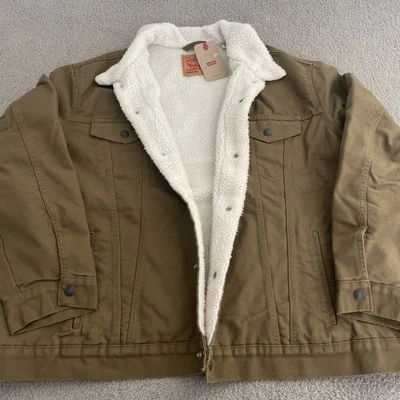 Levis Men’s 2XL Green Khaki Brownish Beige Sherpa Insulated Denim Trucker Jacket - Image 1 of 4